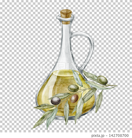 Olive oil cruet with olive branches watercolor illustration isolated on background. Mediterranean glass bottle with golden oil, green olives and botanical foliage. Art for cookery book or recipe. Olive oil cruet with olive branches watercolor illustration isolated on background. Mediterranean glass bottle with golden oil, green olives and botanical foliage. Art for cookery book or recipe. 142708700