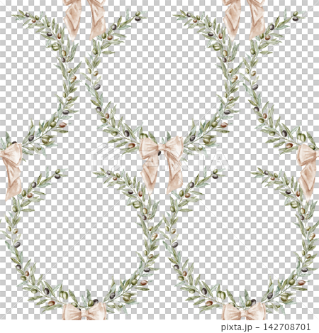 Olive foliage seamless pattern with wreathes and bows. Watercolor botanical backdrop with branches and leaves and beige ribbons on isolated background. Repeat for fabric, wallpaper and wrappings. Olive foliage seamless pattern with wreathes and bows. Watercolor botanical backdrop with branches and leaves and beige ribbons on isolated background. Repeat for fabric, wallpaper and wrappings. 142708701