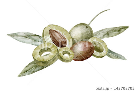 Olive fruit and leaves watercolor composition isolated on background. Mediterranean botanical clipart with whole and cut olives arranged with elegant green foliage. Art for cooking book or menu design 142708703