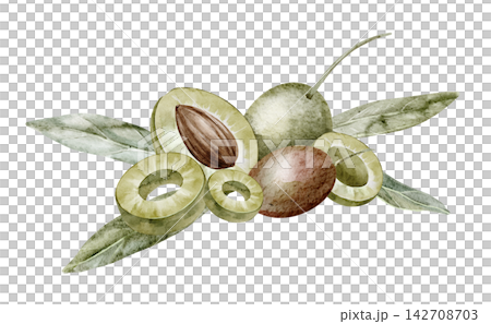 Olive fruit and leaves watercolor composition isolated on background. Mediterranean botanical clipart with whole and cut olives arranged with elegant green foliage. Art for cooking book or menu design 142708703