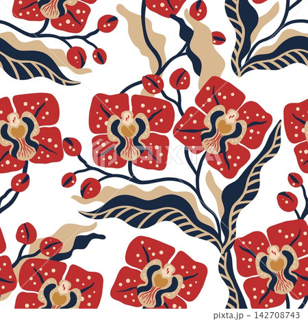 Decorative Orchid Floral Seamless Pattern Featuring Bold Stylized Blossoms And Gracefully Flowing Botanical Decorative Orchid Floral Seamless Pattern Featuring Bold Stylized Blossoms And Gracefully Flowing Botanical 142708743
