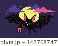 Spooky Black Bat With Lantern Flying Against Full Moon Cartoon Halloween Night Sky 142708747