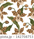 Exotic Orchid Floral Seamless Pattern Featuring Leopard Spotted Petals And Botanical Foliage 142708753