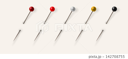 Realistic Glossy Sewing Pins Collection Featuring Sharp Metallic Shafts For Decorative Scrapbooking 142708755