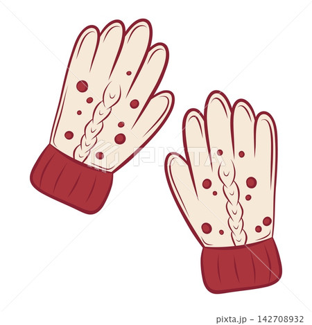Vector illustration of beige gloves with burgundy cuffs and braids Vector illustration of beige gloves with burgundy cuffs and braids 142708932