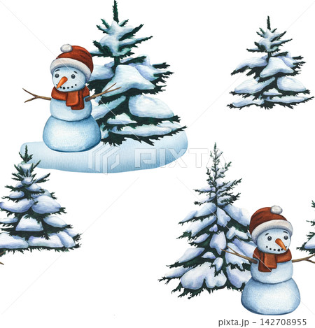 Seamless pattern of Snowman near a Christmas tree. Watercolor illustration of winter forest and cute snowman. Winter forest background. Wallpaper of snowy fir trees. Snowy landscape 142708955