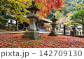 秋の寺院境内と石灯籠、紅葉に彩られた日本の風景 142709130