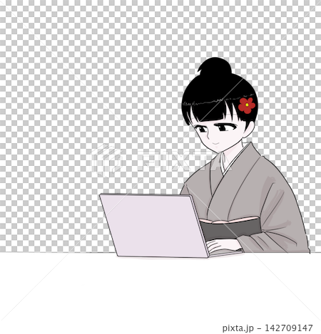 一位身穿和服的女子正在看著電腦螢幕——這是日常工作的畫面。 一位身穿和服的女子正在看著電腦螢幕——這是日常工作的畫面。 142709147
