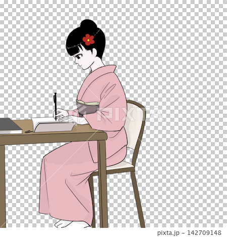 一位穿著和服的女子正在筆記本上寫下日程安排——這是日常小事。 一位穿著和服的女子正在筆記本上寫下日程安排——這是日常小事。 142709148