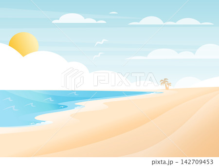 tropical beach landscape with sea sand sun clouds birds and palm trees tropical beach landscape with sea sand sun clouds birds and palm trees 142709453