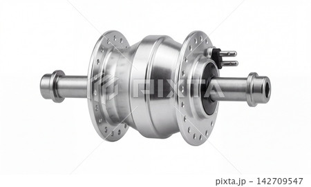 Silver metal bicycle wheel hub mechanism component with component mechanical engineering maintenance assembly rotation precision automotive industrial metallic aluminum hardware transport 142709547