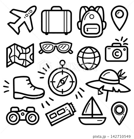 Travel icon set line art collection creating joyful adventure mood Travel icon set line art collection creating joyful adventure mood 142710549