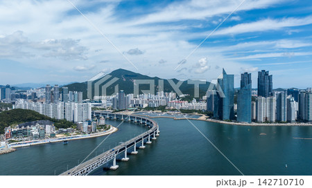 Aerial View of Gwangan Bridge, Marine City Skyline, and Dongbaekseom Island in Busan, South Korea 142710710