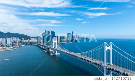 Aerial View of Gwangan Bridge, Marine City Skyline, and Dongbaekseom Island in Busan, South Korea 142710712