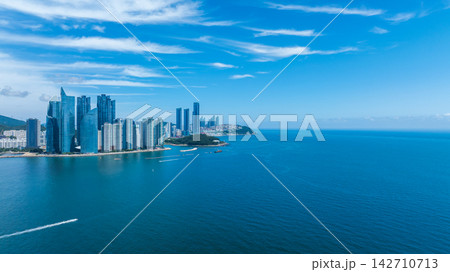 Aerial View of Gwangan Bridge, Marine City Skyline, and Dongbaekseom Island in Busan, South Korea 142710713