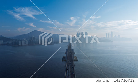 Aerial View of Gwangan Bridge, Marine City Skyline, and Dongbaekseom Island in Busan, South Korea 142710718
