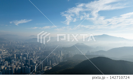 Aerial View of Gwangan Bridge, Marine City Skyline, and Dongbaekseom Island in Busan, South Korea 142710724