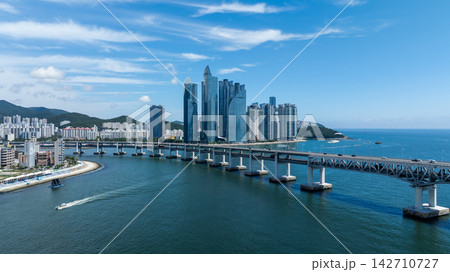 Aerial View of Gwangan Bridge, Marine City Skyline, and Dongbaekseom Island in Busan, South Korea Aerial View of Gwangan Bridge, Marine City Skyline, and Dongbaekseom Island in Busan, South Korea 142710727