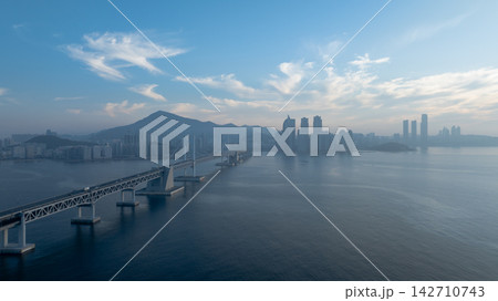 Aerial View of Gwangan Bridge, Marine City Skyline, and Dongbaekseom Island in Busan, South Korea 142710743