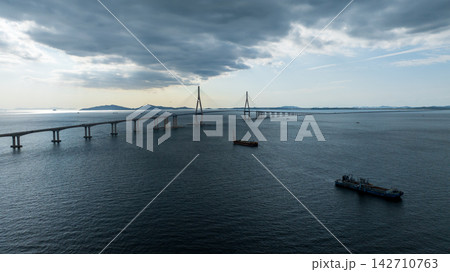 Aerial view of Songdo International City skyline and Incheon Bridge in South Korea 142710763