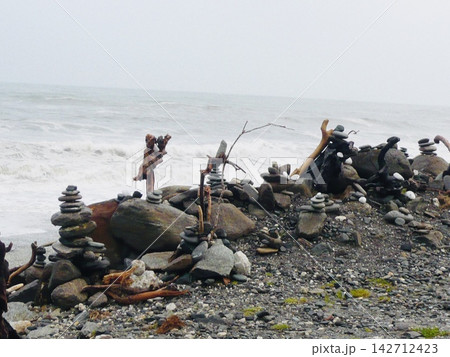 海辺に並ぶ石積みと流木のオブジェ 海辺に並ぶ石積みと流木のオブジェ 142712423