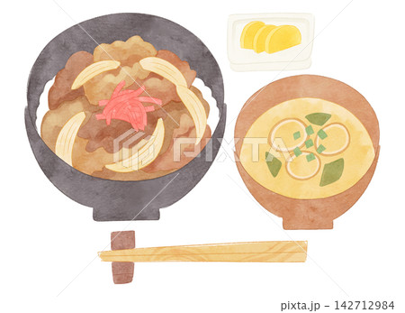 牛丼と味噌汁のイラスト 水彩風 牛丼と味噌汁のイラスト 水彩風 142712984