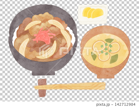 牛肉飯和味噌湯的水彩風格插圖。 142712984