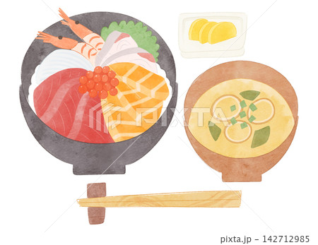 海鮮丼と味噌汁のイラスト　水彩風 142712985
