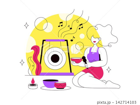 Sound Bath Meditation Vector Illustration Featuring Woman Relaxing With Singing Bowl, Gong, Musical Notes, Mindfulness, Wellness, and Inner Peace Sound Bath Meditation Vector Illustration Featuring Woman Relaxing With Singing Bowl, Gong, Musical Notes, Mindfulness, Wellness, and Inner Peace 142714103