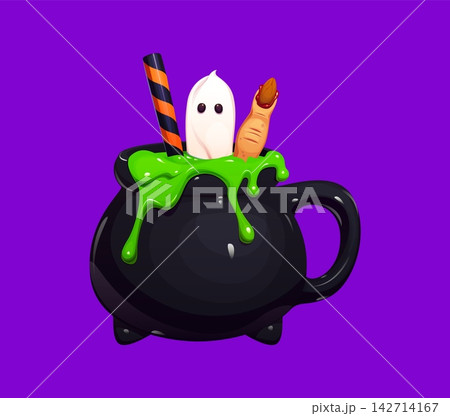 Cartoon Halloween dessert black cauldron mug and spicy coffee cup. Vector witch pot with green slime, ghost, striped straw and creepy finger. Spooky holiday drink and cute monster party beverage decor 142714167