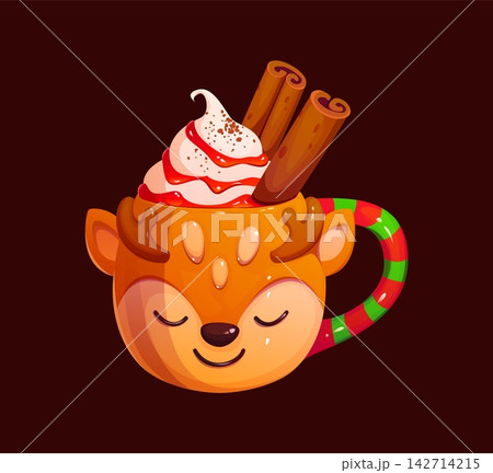 Christmas eggnog cup with deer muzzle face, chocolate and cocoa dessert drink cartoon mug. Christmas winter holiday hot sweet drink cup with cinnamon sticks and whipped cream with fruit syrup Christmas eggnog cup with deer muzzle face, chocolate and cocoa dessert drink cartoon mug. Christmas winter holiday hot sweet drink cup with cinnamon sticks and whipped cream with fruit syrup 142714215