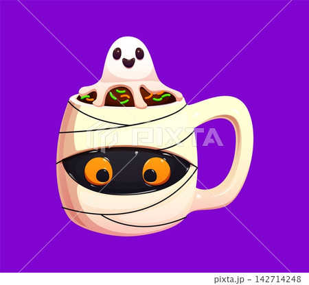 Cartoon Halloween mummy cup wrapped in bandages with orange eyes and smiling ghost dessert topping. Vector spicy coffee cup, cute spooky holiday drink and festive party menu beverage or creepy brew 142714248