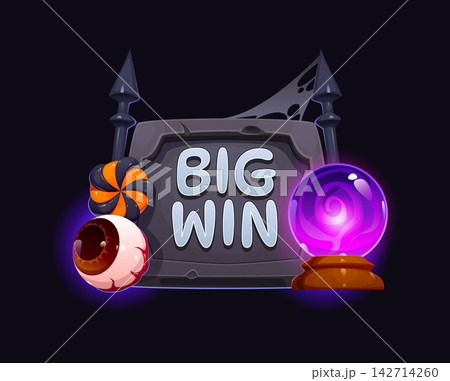 Halloween casino big win icon with cemetery tombstone for gambling game. Halloween casino game jackpot interface element with spooky zombie eye and lollipop candy or witch magic crystal ball Halloween casino big win icon with cemetery tombstone for gambling game. Halloween casino game jackpot interface element with spooky zombie eye and lollipop candy or witch magic crystal ball 142714260