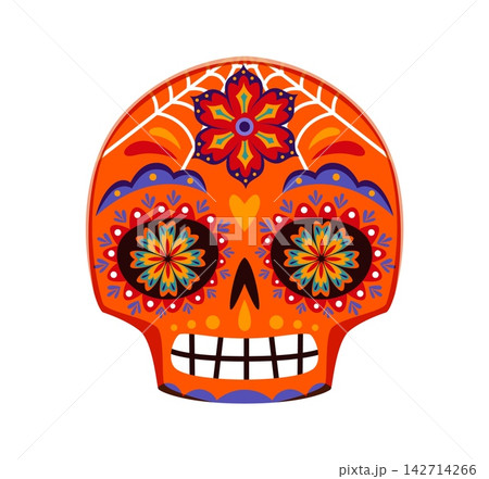 Cartoon Mexican sugar skull, Day of the Dead and Dia De Los Muertos holiday symbol of Mexico. Cartoon Catrina Calavera skull skeleton face character with marigold flower pattern for Mexican Halloween Cartoon Mexican sugar skull, Day of the Dead and Dia De Los Muertos holiday symbol of Mexico. Cartoon Catrina Calavera skull skeleton face character with marigold flower pattern for Mexican Halloween 142714266