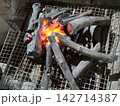 バーベキューグリルの網の上で赤々と燃える炭火 キャンプのアウトドア火起こし 142714387