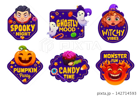 Halloween gift vector tags and labels. Festive cartoon stickers featuring friendly Dracula, cute witch, ghosts with candies, smiling pumpkin, spooky treats, and horned monster. Party favors Halloween gift vector tags and labels. Festive cartoon stickers featuring friendly Dracula, cute witch, ghosts with candies, smiling pumpkin, spooky treats, and horned monster. Party favors 142714593