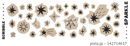 Crayon star icon set. Abstract star and comet illustrations. Chalk and wax sparkle set. Cut out vector doodles. Scrapbook collage sticker set 142714637