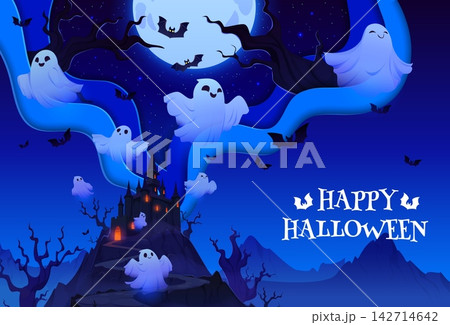 Happy Halloween paper cut holiday greeting card. Cartoon vector layered card featuring castle silhouetted against full moon. Twisted trees frame the scene while ghosts and bats drift through the air Happy Halloween paper cut holiday greeting card. Cartoon vector layered card featuring castle silhouetted against full moon. Twisted trees frame the scene while ghosts and bats drift through the air 142714642
