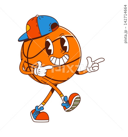 School education basketball ball cartoon groovy funny character. Sport game groovy character or vector mascot. School education sport club personage of happy smiling basketball ball walking in cap School education basketball ball cartoon groovy funny character. Sport game groovy character or vector mascot. School education sport club personage of happy smiling basketball ball walking in cap 142714664