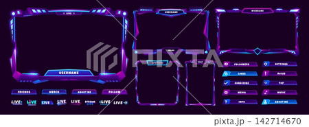 Game overlay stream window frames, buttons and neon panels, live video technology screen interface. Gamer of streamer vector UI elements, digital overlay menu panels, online game, video window frames Game overlay stream window frames, buttons and neon panels, live video technology screen interface. Gamer of streamer vector UI elements, digital overlay menu panels, online game, video window frames 142714670