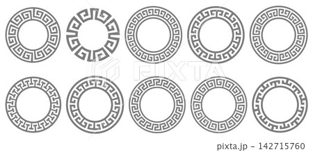 Greek circular pattern frame with Roman ornament and intricate meander design. Round vector border ring in neoclassical geometric style with elegant antique decorative elements. Greek circular pattern frame with Roman ornament and intricate meander design. Round vector border ring in neoclassical geometric style with elegant antique decorative elements. 142715760