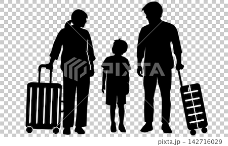 一家三口手提行李的剪影;旅行/回家的畫面。 一家三口手提行李的剪影;旅行/回家的畫面。 142716029