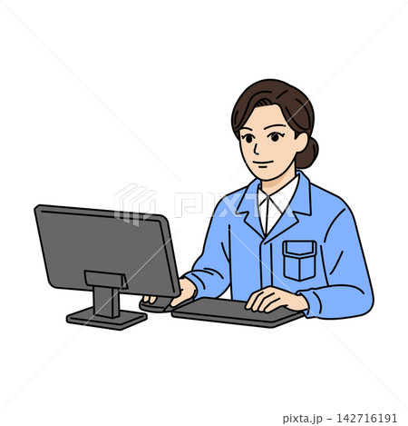 デスクワークでパソコンを操作する作業着の女性イラスト 142716191