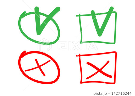 Check mark and cross icon signs. Grunge hand drawn tick check and cross mark. Brush drawn symbols OK, YES and NO, X. Tick V and cross X for check box. True, false icons. Vector illustration. Eps 10. Check mark and cross icon signs. Grunge hand drawn tick check and cross mark. Brush drawn symbols OK, YES and NO, X. Tick V and cross X for check box. True, false icons. Vector illustration. Eps 10. 142716244