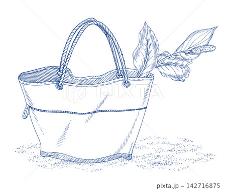 Bag with the flower on the sand. Handmade ink illustration. For design of cards, cover, prints, product labels and fabric. 142716875