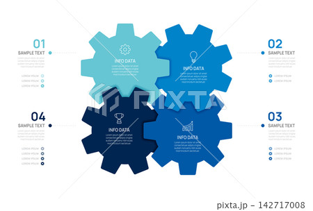 Business Infographic Gear 4 step Mechanical Workflow Template, presentation with icons diagram elements vector illustration. Business Infographic Gear 4 step Mechanical Workflow Template, presentation with icons diagram elements vector illustration. 142717008