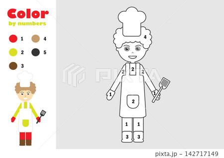 Cook in cartoon style, color by number, education paper game for the development of children, coloring page, kids preschool activity, printable worksheet, vector illustration 142717149