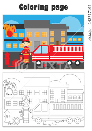 Fireman came to extinguish a fire, cartoon style, coloring page, education paper game for the development of children, kids preschool activity, printable worksheet, vector illustration Fireman came to extinguish a fire, cartoon style, coloring page, education paper game for the development of children, kids preschool activity, printable worksheet, vector illustration 142717163
