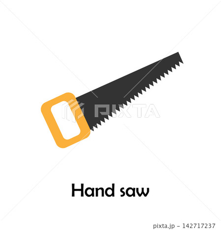 Hand saw in cartoon style, construction card for kid, preschool activity for children, vector illustration 142717237