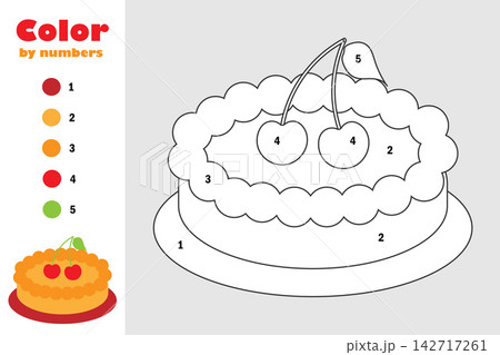 Pie in cartoon style, color by number, education paper game for the development of children, coloring page, kids preschool activity, printable worksheet, vector illustration Pie in cartoon style, color by number, education paper game for the development of children, coloring page, kids preschool activity, printable worksheet, vector illustration 142717261